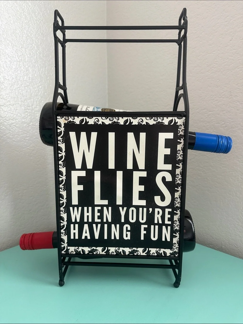 Wine Bottle Rack Décor ‘Wine Flies When You’re Having Fun’-used-good condition